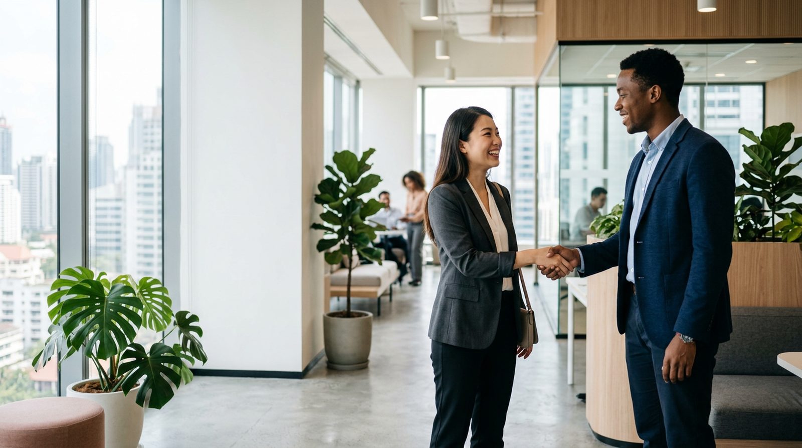 Professionals welcoming a new colleague